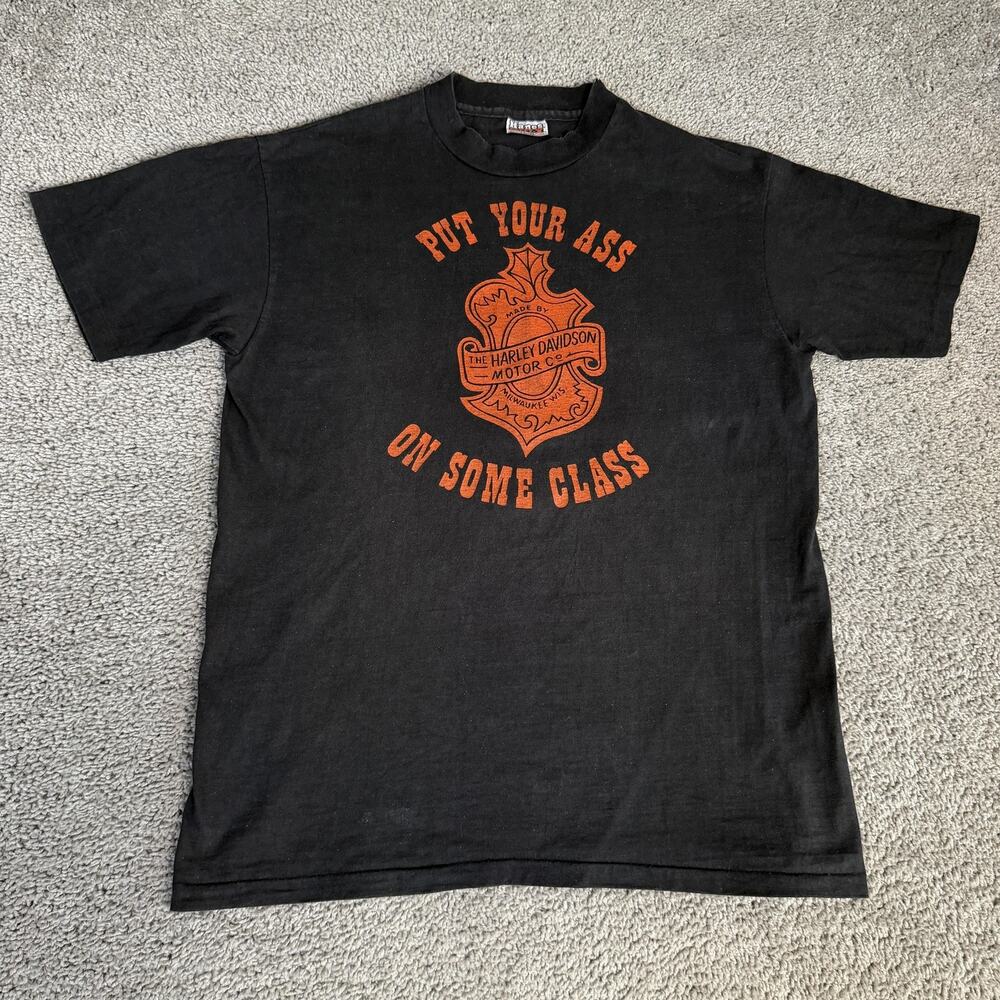 Vintage 70s Harley Davidson Shirt Mens L Hanes Tag Put Your Ass On Some Class
